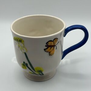 New Anthropologie Ceramic Faye Mug White W/Butterfly Yellow Flower Blue Handle